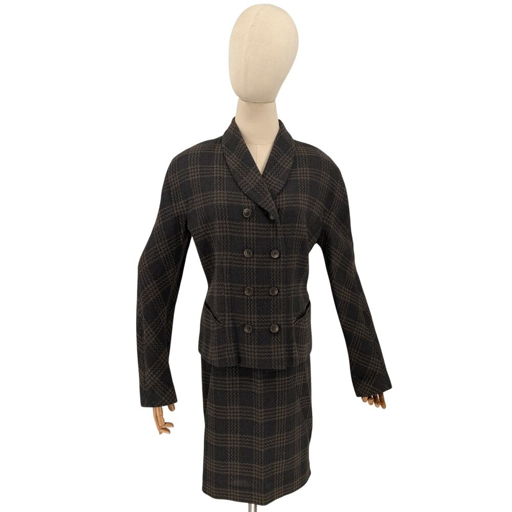 Vintage 90s Emanuel Ungaro Gray Wool Plaid Double Breasted Blazer Skirt Suit
